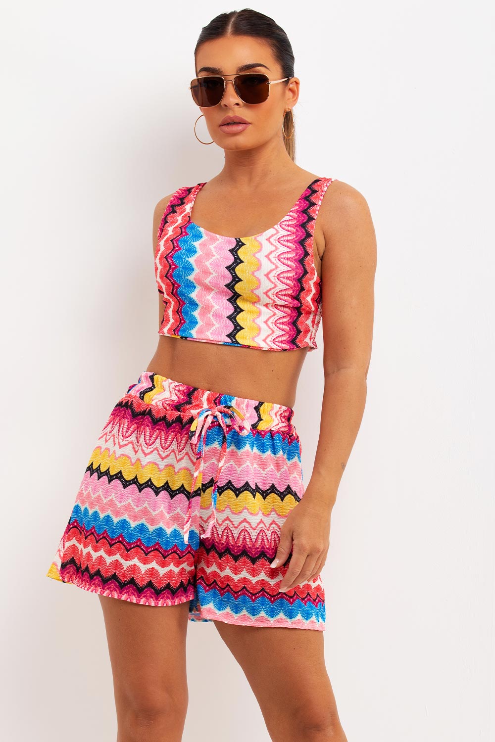 tribal zig zag crochet print crop top and shorts co ord holiday outfit