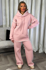pink contrast stitch hoodie and straight leg joggers loungewear set