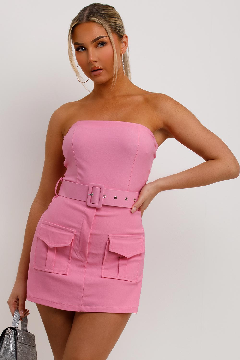 pink cargo playsuit with belt going out summer holiday outfit