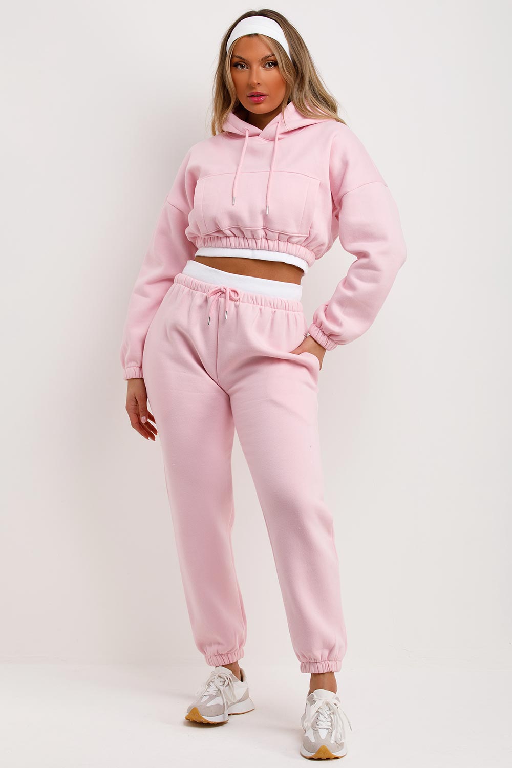 Women's Crop Hoodie Joggers Tracksuit Ribbed Hem Pink Loungewear