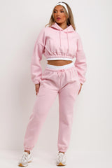 womens crop hoodie and joggers set tracksuit pink