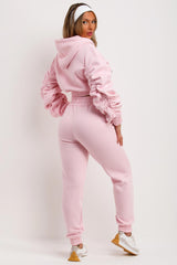 womens pink crop tracksuit ruched sleeve hoodie and joggers tiktok set