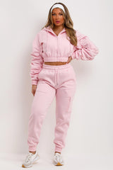 womens crop tracksuit ruched sleeve hoodie and joggers set pink