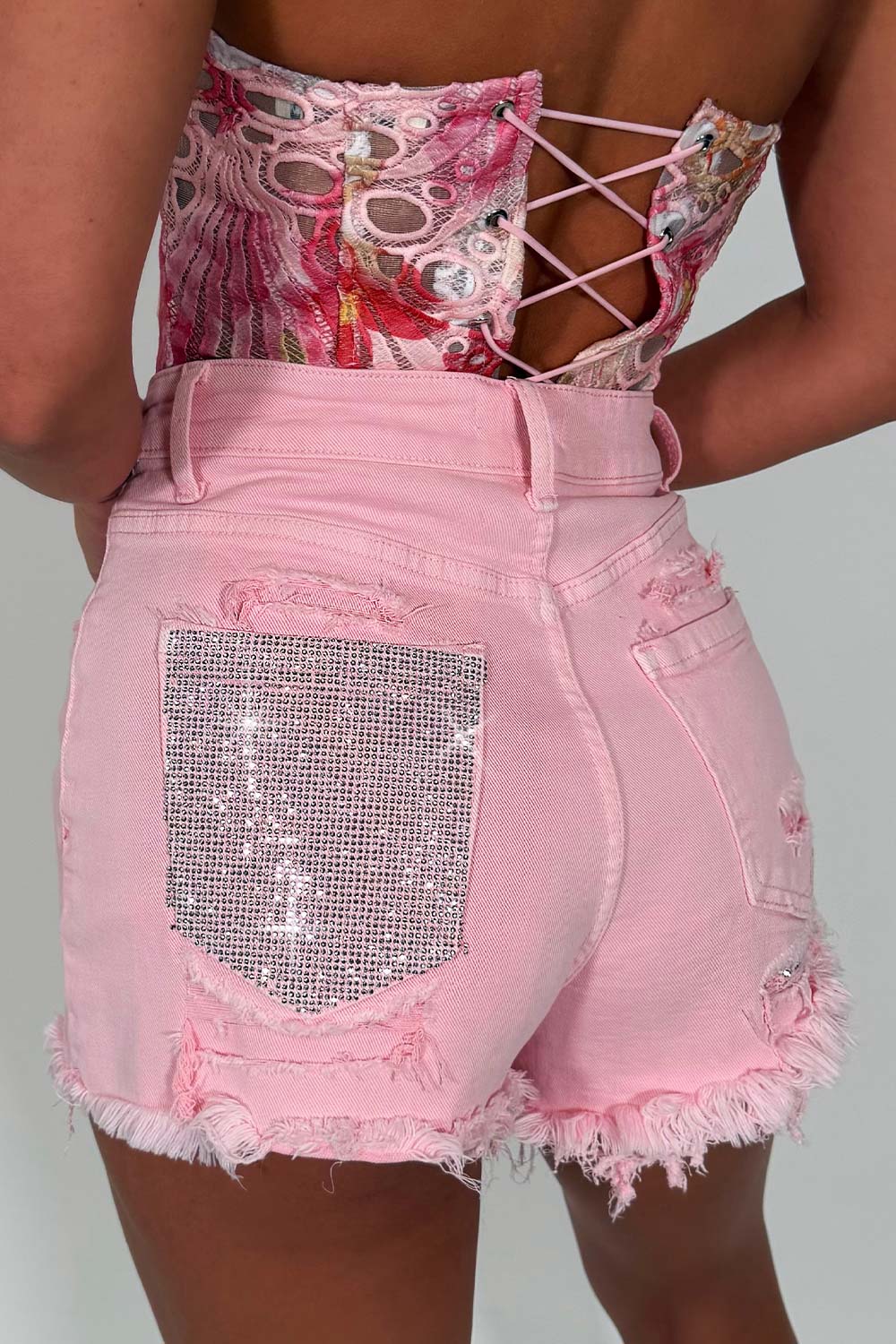 diamante rhinestone pocket denim pink shorts womens uk
