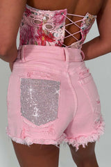 diamante rhinestone pocket denim pink shorts womens uk