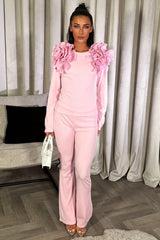 ruffle frill shoulder long sleeve rib top and trousers co ord matching set