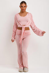 fold over flare detail trousers crop top and ruched sleeve cardigan three piece matching lounge set 
