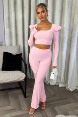 womens long sleeve frill shoulder crop top and trousers co ord set pink
