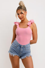 ruffle strap double lined bodysuit top pink