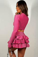 pink long sleeve lurex top and ruffle frill bloomer skirt two piece co ord set christmas party outfit styledup