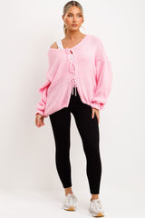 womens chunky knit tie front cardigan pink