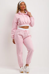 womens crop hoodie and joggers set pink