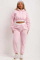 womens crop hoodie and joggers set tracksuit co ord pink