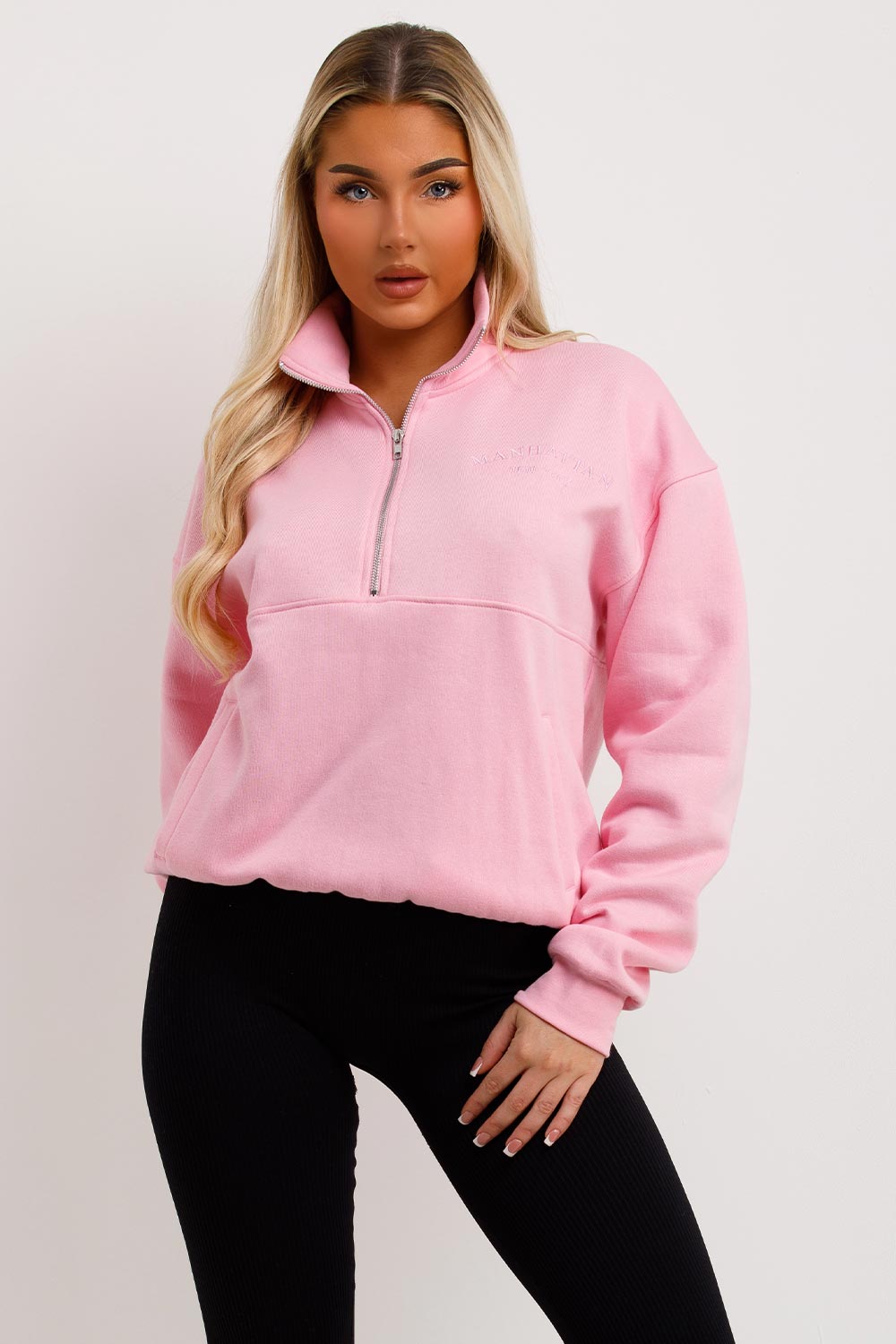 womens pink half zip jumper manhattan new york embroidery 
