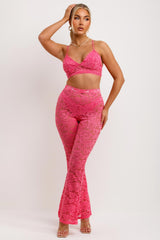 womens skinny flared lace trousers and top two piece set festival rave party outfit