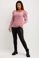 womens pink rib jumper with puff sleeves