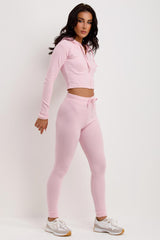 rib crop hoodie and leggings tracksuit co ord set baby pink