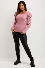 womens puff sleeve ribbed jumper pink