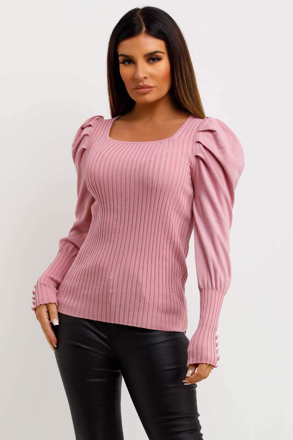 womens jumper with puff sleeves pink