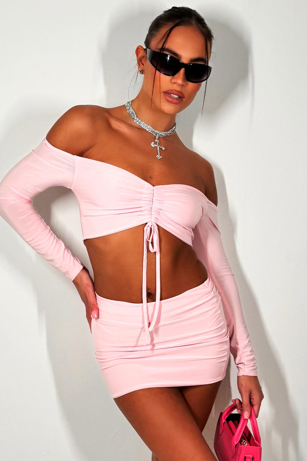 Baby Pink Ruched Detail Long Sleeve Crop Top