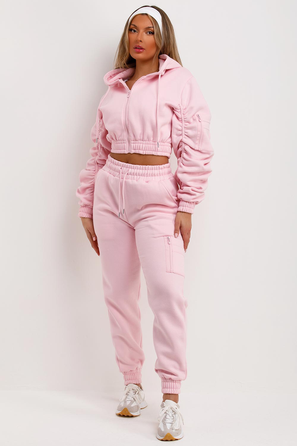 womens ruched sleeve crop hoodie and joggers tracksuit set pink