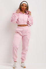womens crop tracksuit ruched sleeve hoodie and joggers co ord set baby pink