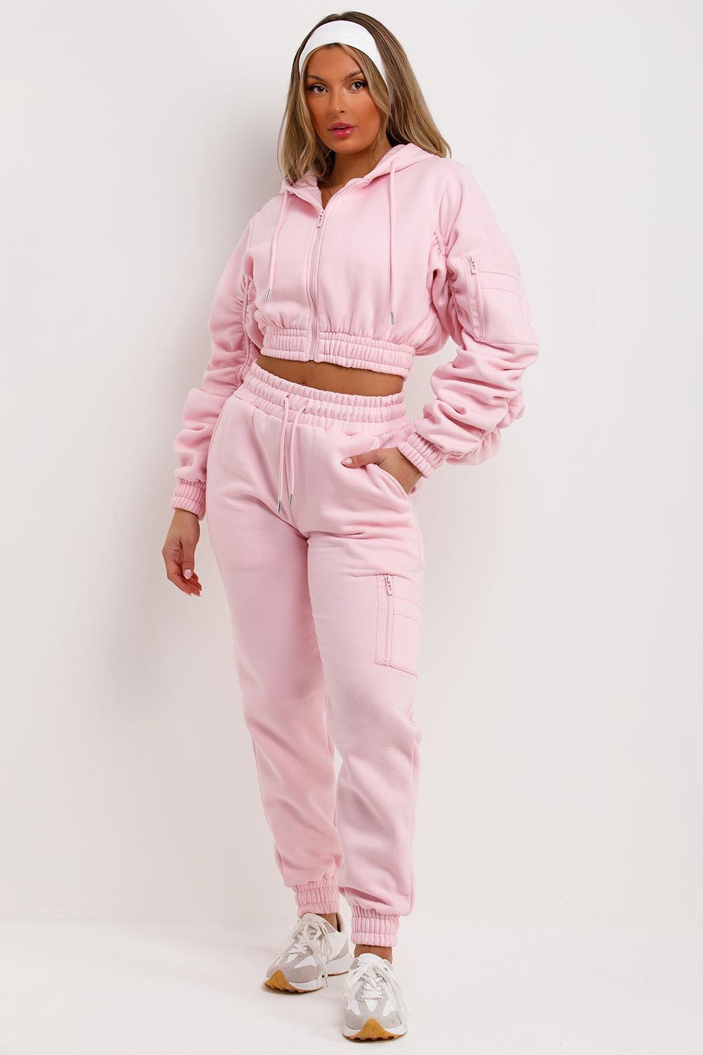 womens ruched cropped tracksuit co ord set pink