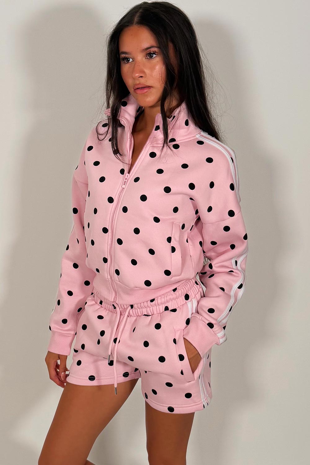 polka dot print side stripe funnel neck zip up sweatshirt and shorts two piece co ord set summer holiday tracksuit styledup uk