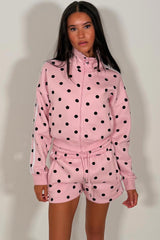 womens pink airport outfit short tracksuit in trendy polka dot print styledup uk