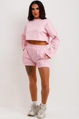 womens crop tracksuit shorts and jumper two piece loungewear co ord 