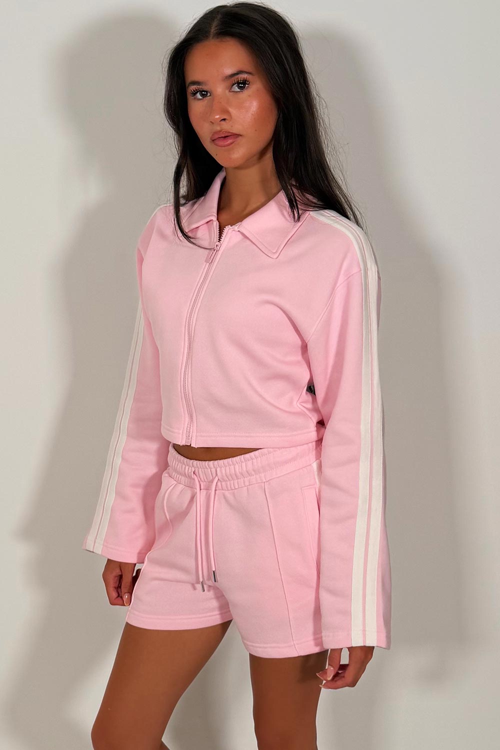 short tracksuit set womens crop zip up sweatshirt and shorts two piece co ord with contrast side stripes airport outfit styledup uk