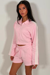 short tracksuit set womens crop zip up sweatshirt and shorts two piece co ord with contrast side stripes airport outfit styledup uk
