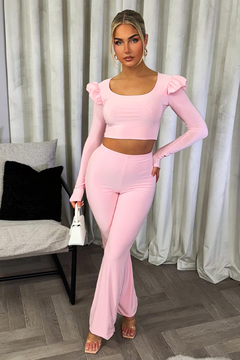 long sleeve frill shoulder crop top and trousers co ord set going out valentine's day outfit