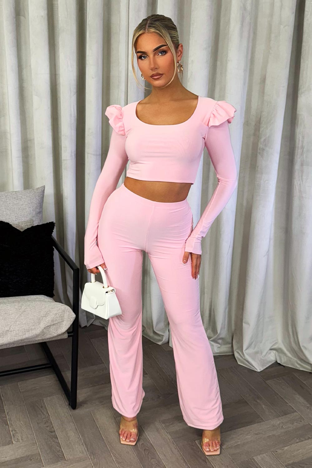 womens straight leg trousers and long sleeve frill shoulder crop top two piece co ord going out outfit set