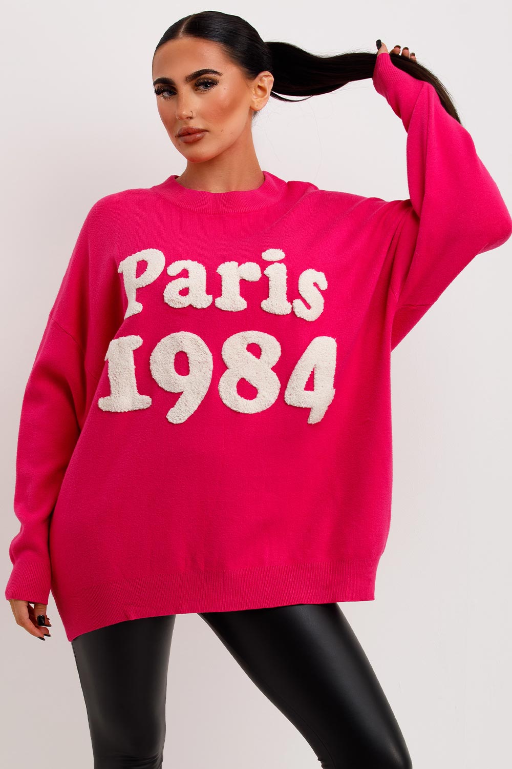 womens oversized knitted jumper with 1984 towelling