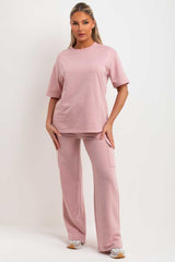 pink wide leg trousers and t shirt loungewear set womens