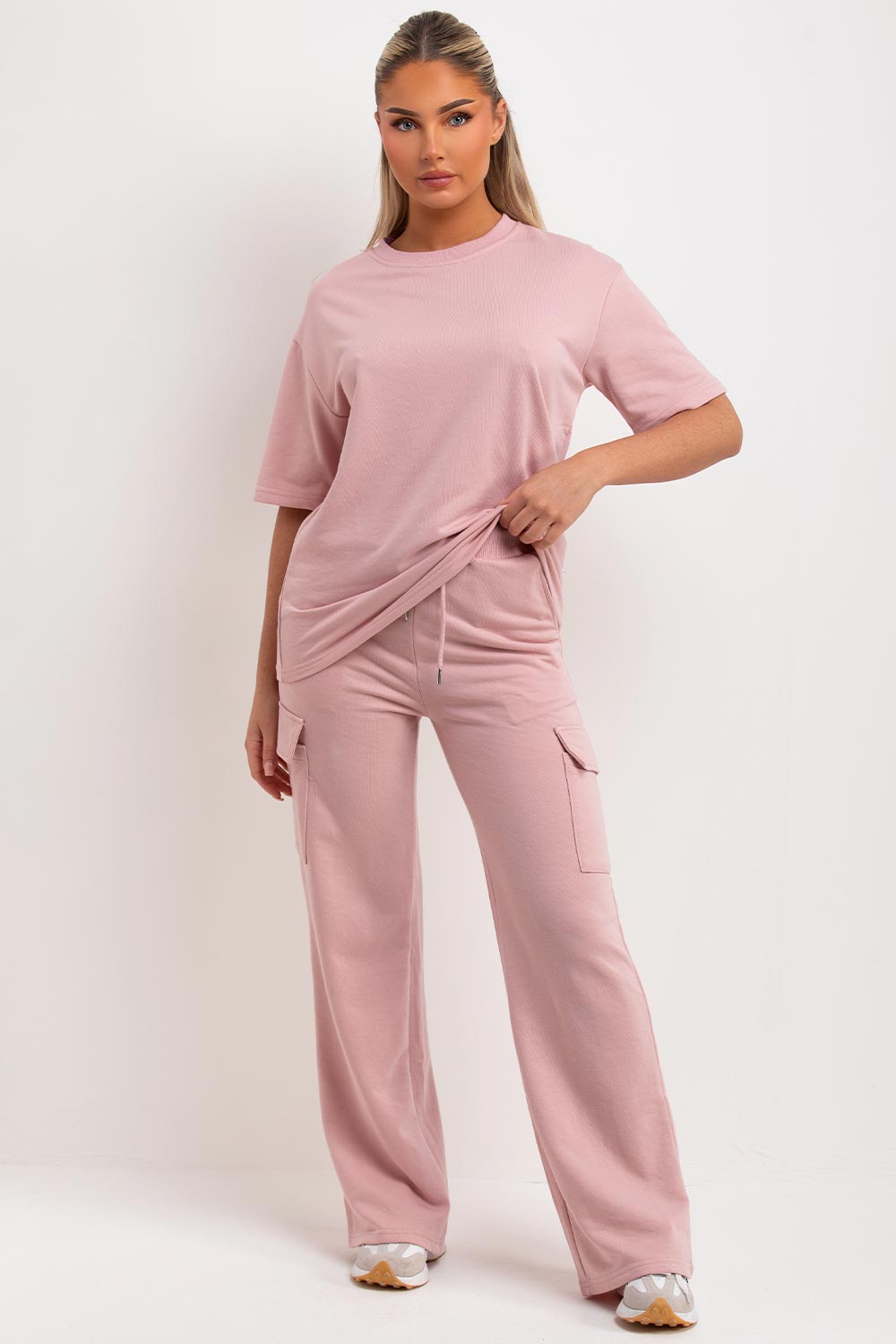 pink wide leg trousers with cargo pockets and t shirt co ord loungewear set