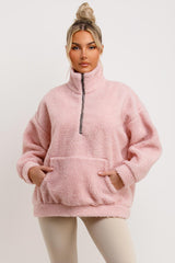 half zip teddy sweatshirt with kangaroo pockets