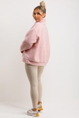 womens teddy sweatshirt with kangaroo pockets and half zip