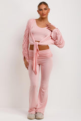 fold flare trousers crop top and ruched sleeve cardigan three piece lounge set