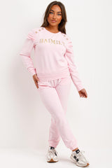 gold button frill ruffle shoulder top and trousers tracksuit set 