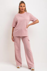 pink wide leg cargo trousers and t shirt loungewear set