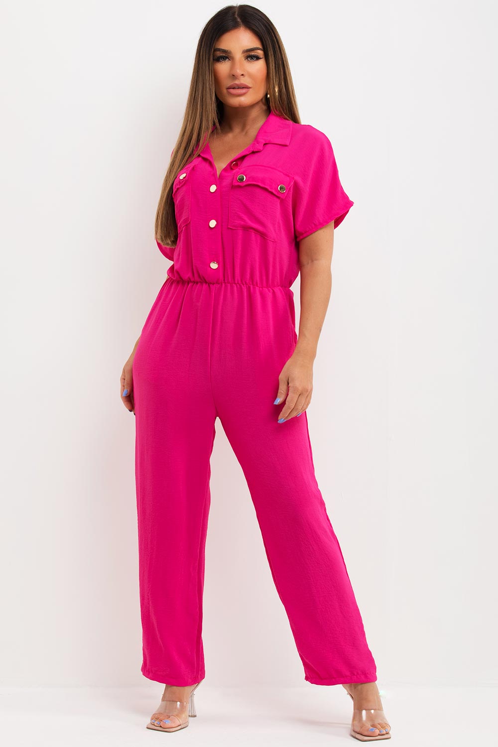 wide leg jumpsuit with gold buttons