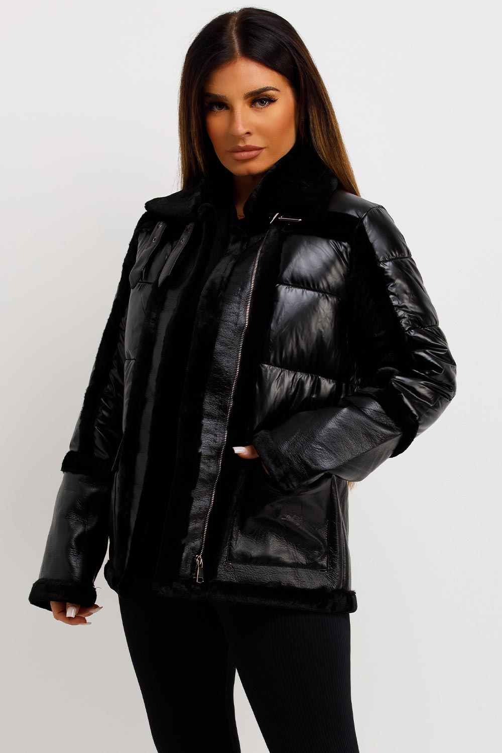 womens padded puffer jacket with fur trim