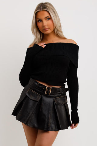 Leather Pleated Skater Skirt  Faux Leather Skirts Clubwear