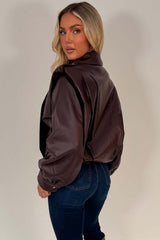 womens funnel neck faux leather jacket with shoulder tabs styledup uk