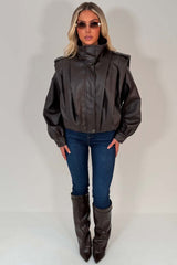 womens brown faux leather jacket with shoulder tabs styledup uk