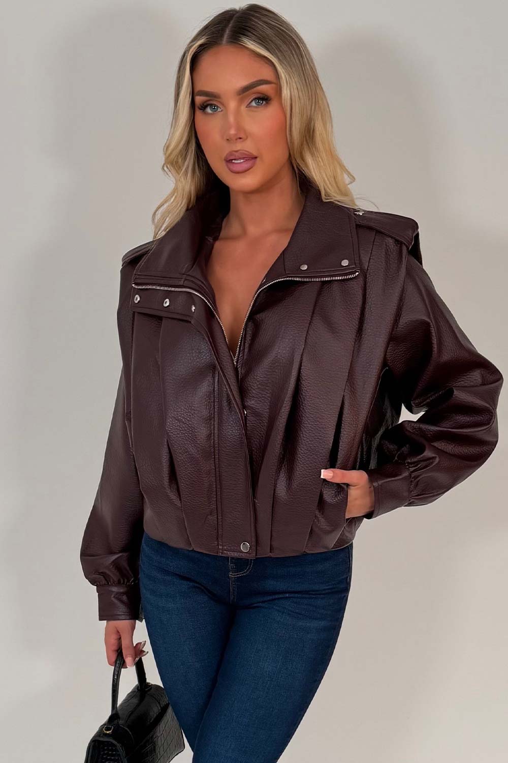 burgundy funnel neck faux leather womens jacket styledup uk