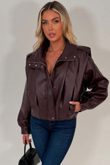 burgundy funnel neck faux leather womens jacket styledup uk