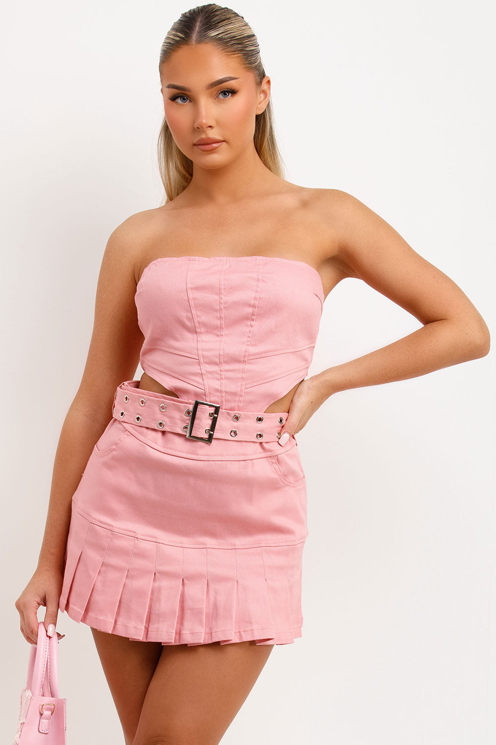 mini pleated belted skirt and bandeau corset crop top two piece set festival rave outfit womens